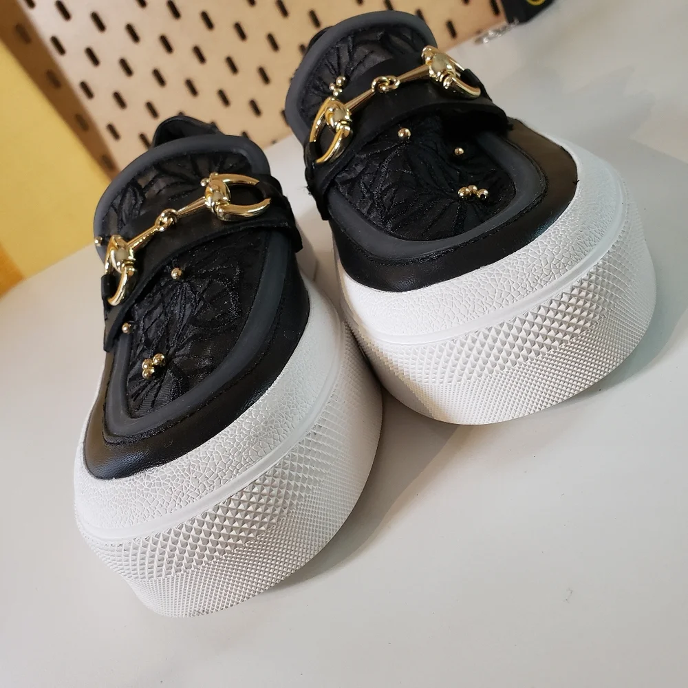 J Slides Black Lace Platform Loafers with Gold Hardware